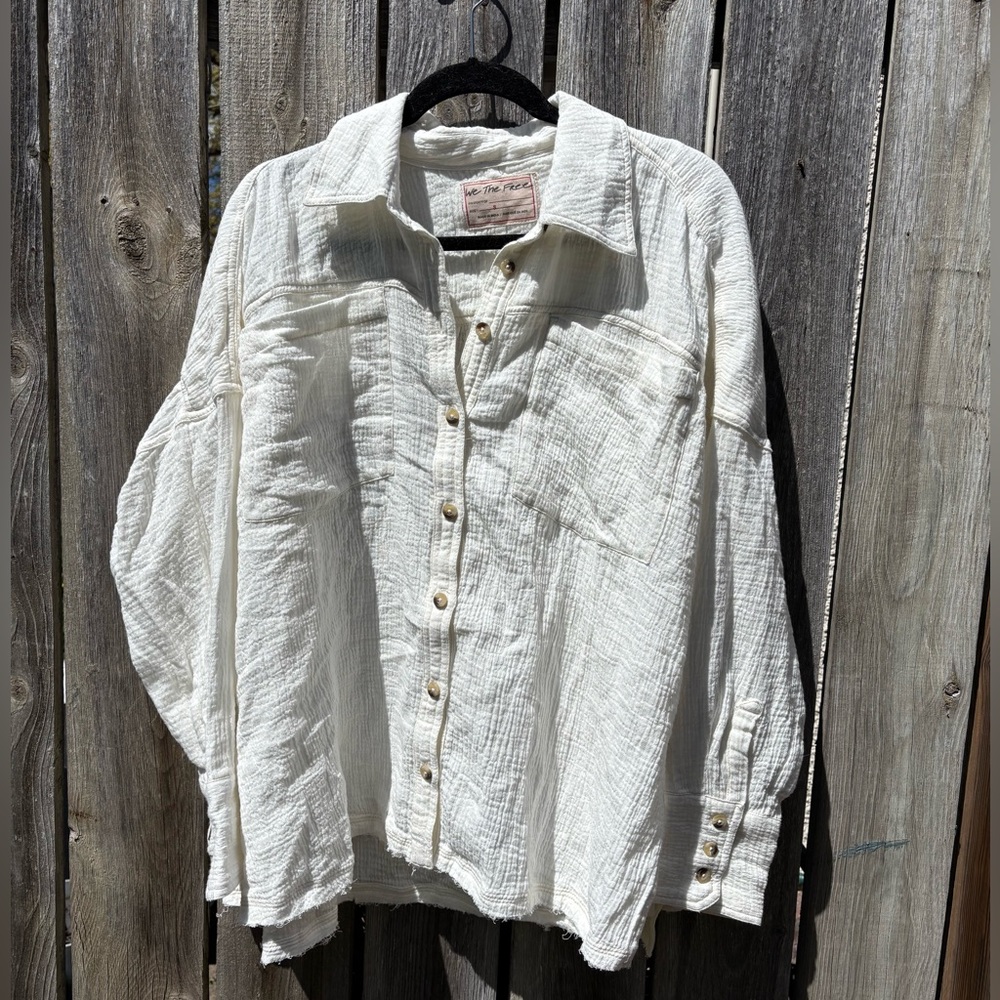 Free People Cream Gauze Button-Up Shirt Jacket